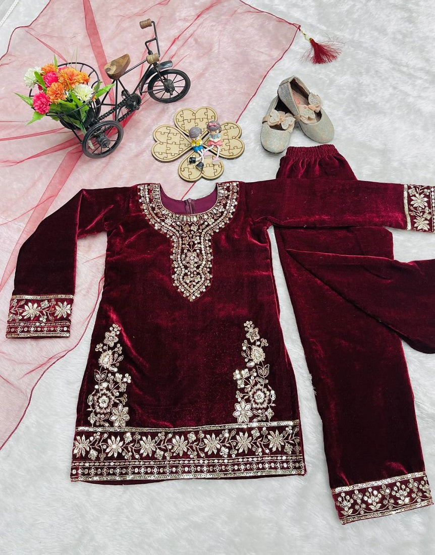 Evanik Maroon Designer Viscose Velvet Embroidered Work Kids Kurta Set