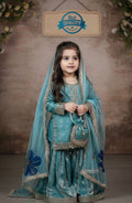 Evanik Blue Designer Party Wear Heavy Silk Kids Top Sharara & Dupatta Set