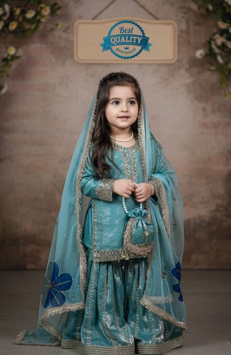 Evanik Blue Designer Party Wear Heavy Silk Kids Top Sharara & Dupatta Set