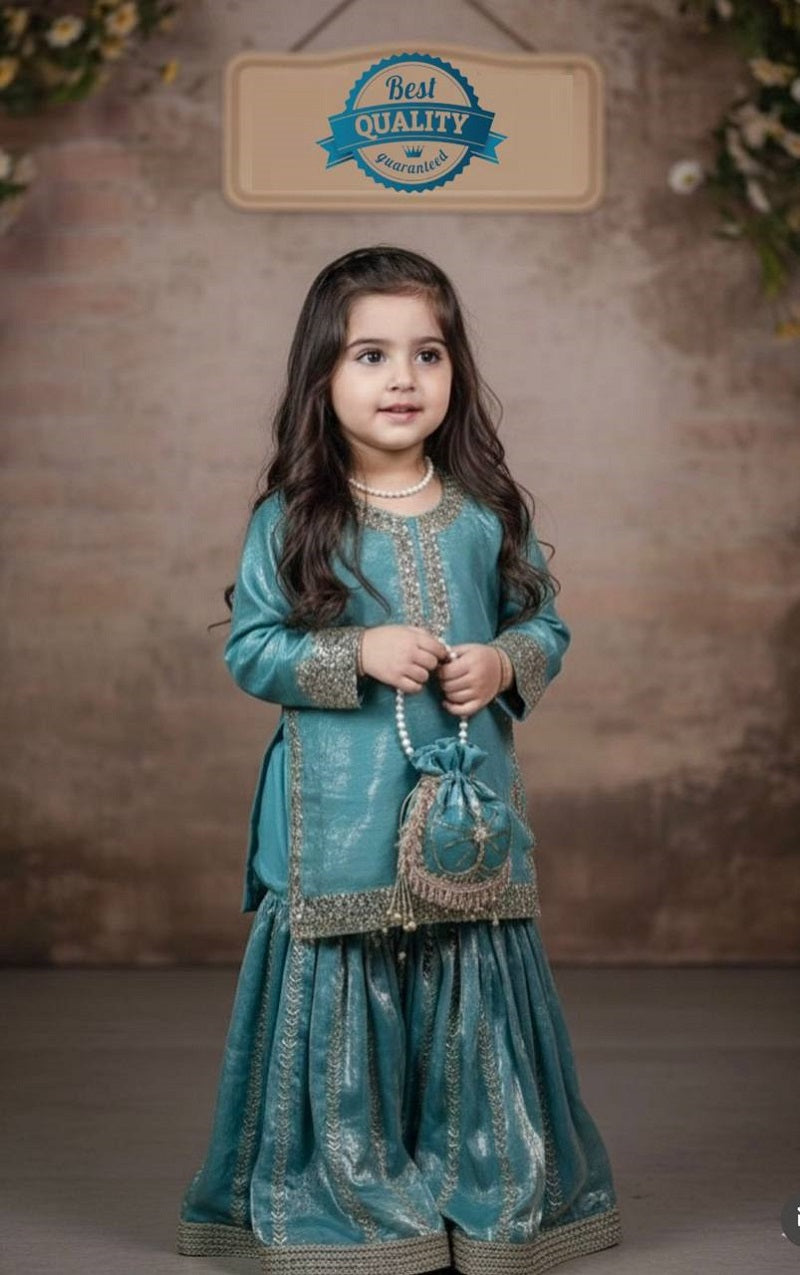 Evanik Blue Designer Party Wear Heavy Silk Kids Top Sharara & Dupatta Set