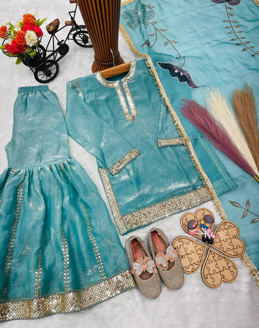 Evanik Blue Designer Party Wear Heavy Silk Kids Top Sharara & Dupatta Set