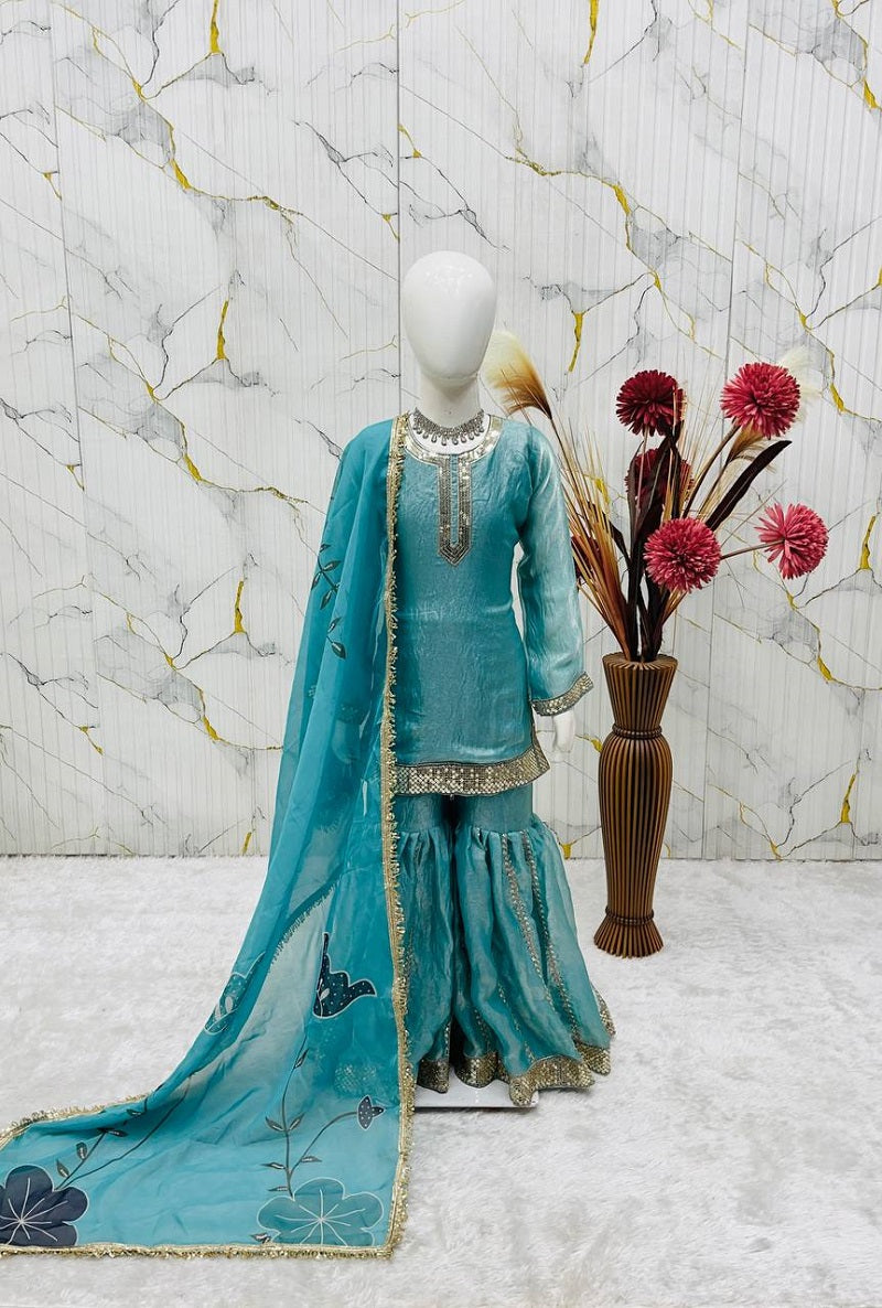 Evanik Blue Designer Party Wear Heavy Silk Kids Top Sharara & Dupatta Set