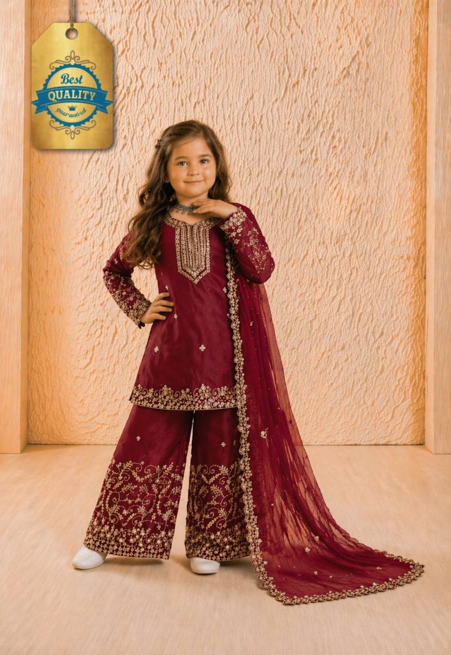 Evanik Maroon Designer Party Wear Heavy Silk Kids Top Sharara & Dupatta Set