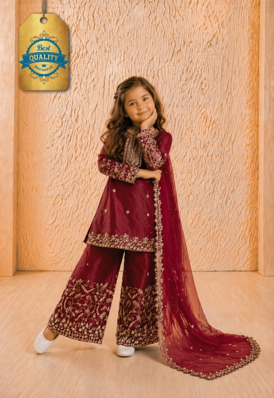 Evanik Maroon Designer Party Wear Heavy Silk Kids Top Sharara & Dupatta Set