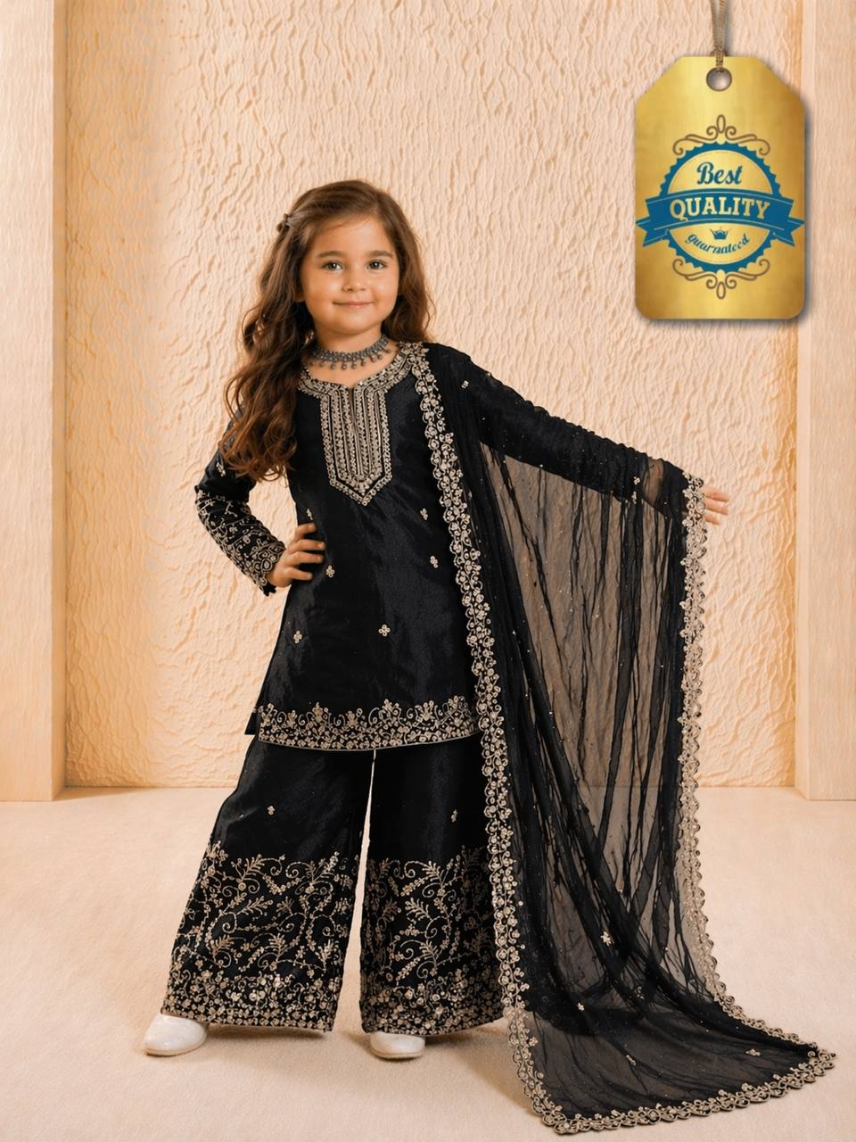 Evanik Black Designer Party Wear Heavy Silk Kids Top Sharara & Dupatta Set