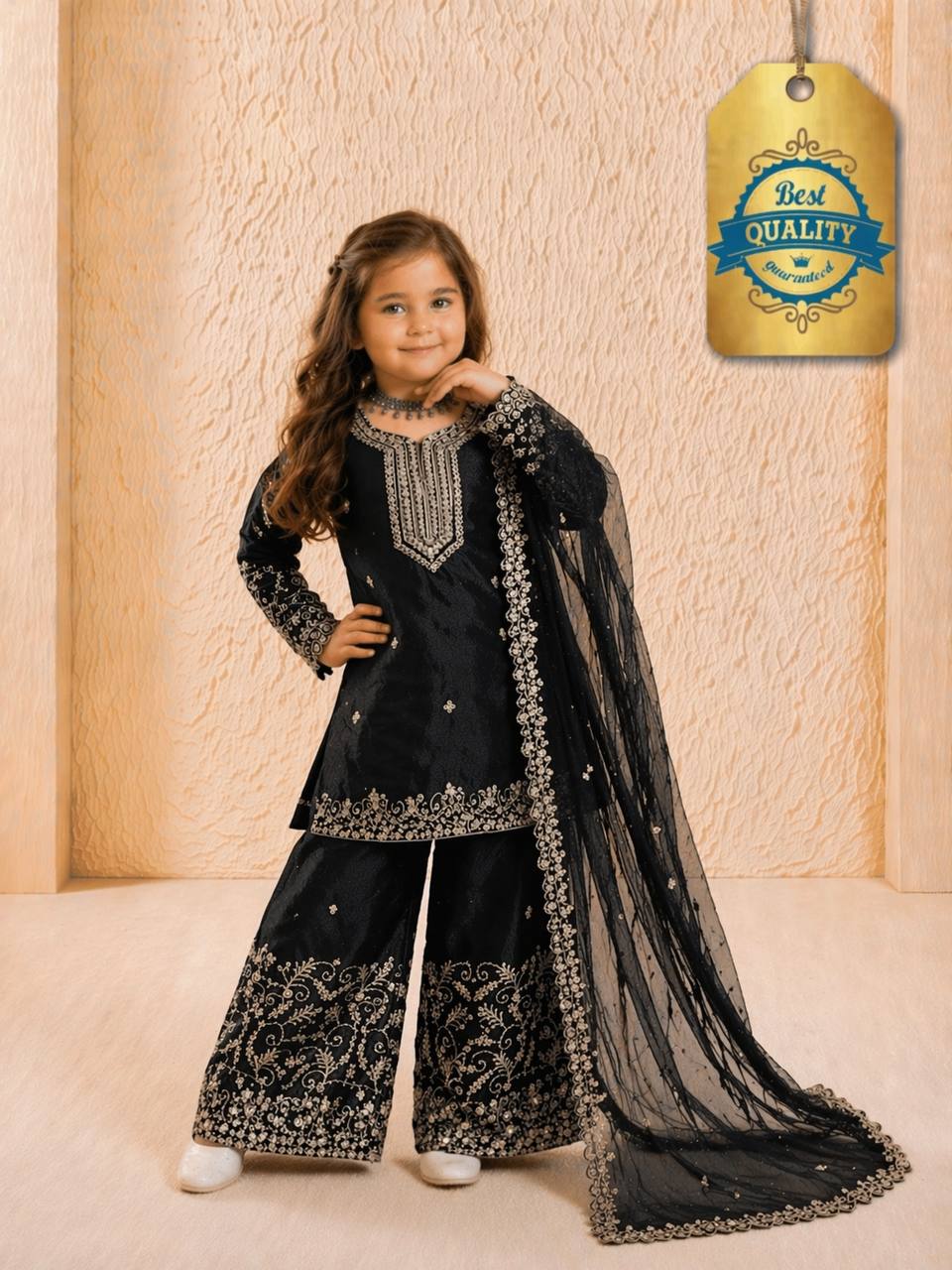 Evanik Black Designer Party Wear Heavy Silk Kids Top Sharara & Dupatta Set