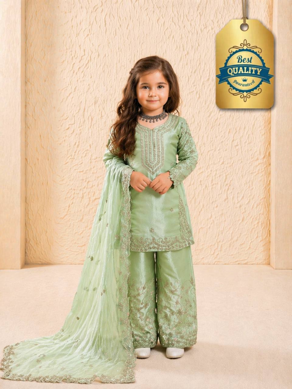 Evanik Green Designer Party Wear Heavy Silk Kids Top Sharara & Dupatta Set