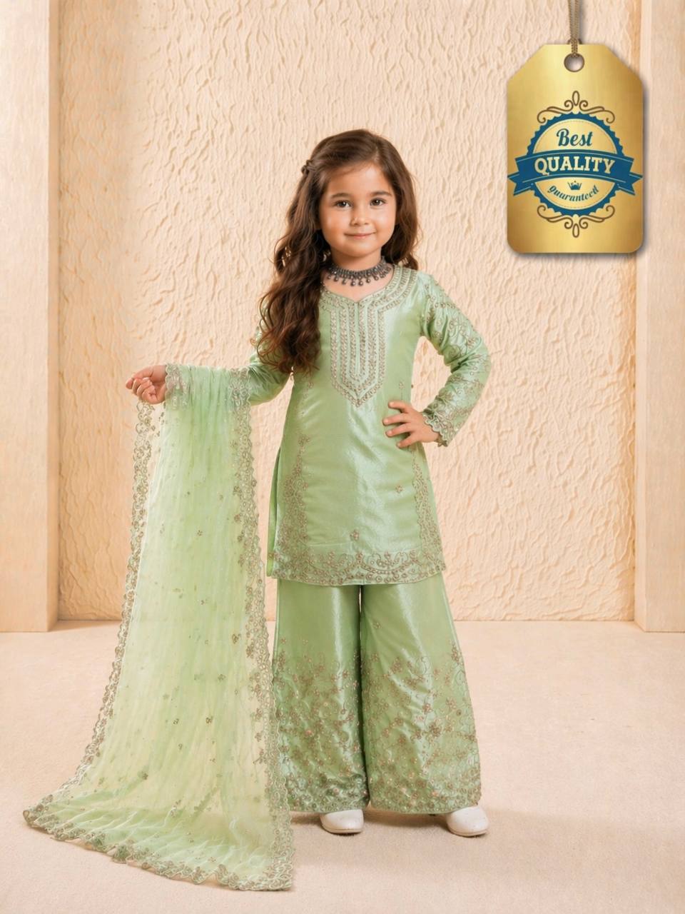 Evanik Green Designer Party Wear Heavy Silk Kids Top Sharara & Dupatta Set