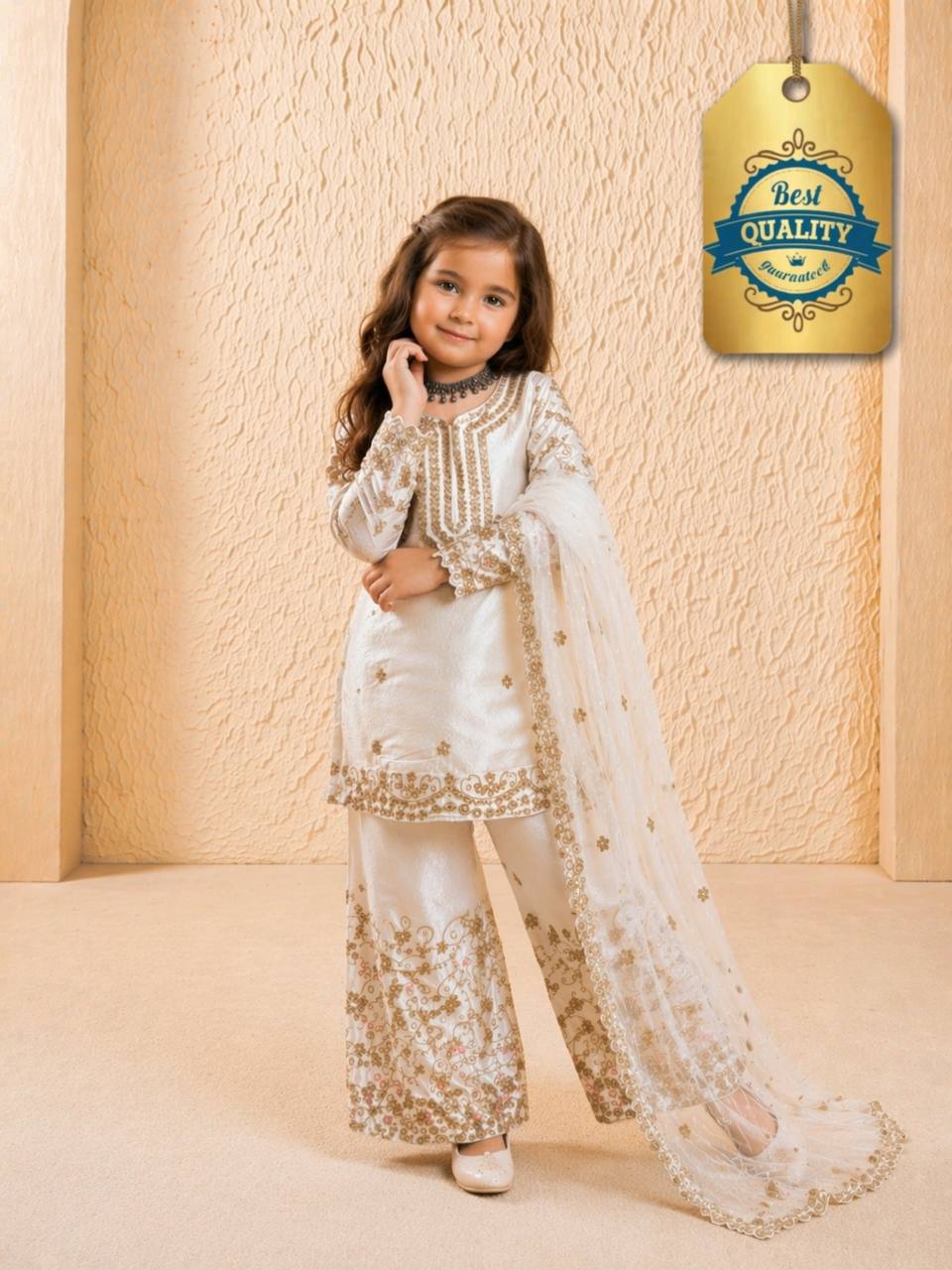 Evanik White Designer Party Wear Heavy Silk Kids Top Sharara & Dupatta Set