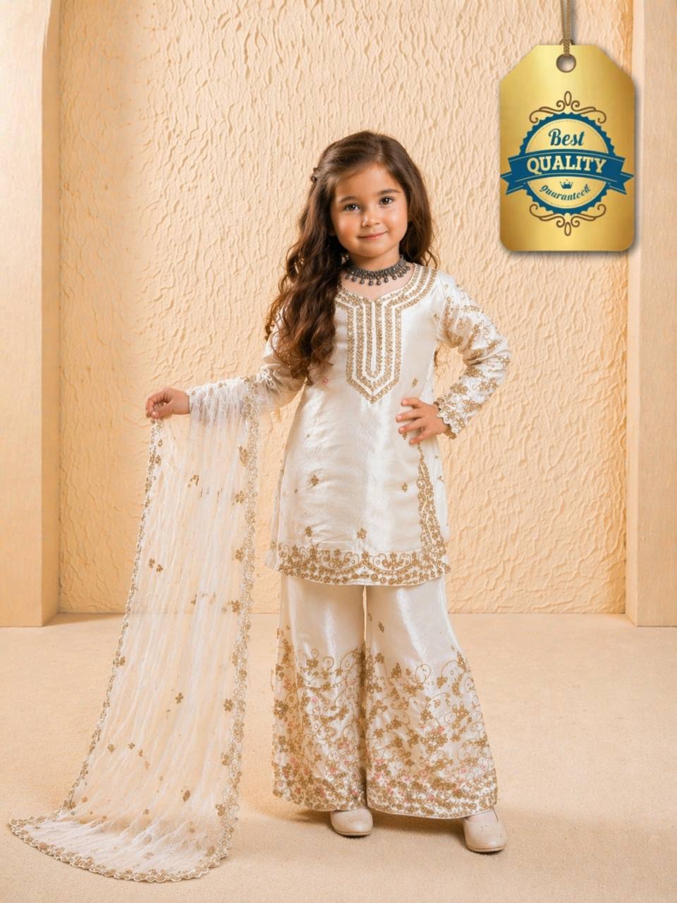 Evanik White Designer Party Wear Heavy Silk Kids Top Sharara & Dupatta Set