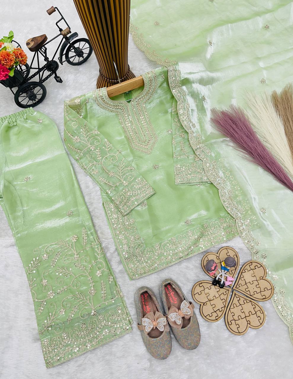 Evanik Green Designer Party Wear Heavy Silk Kids Top Sharara & Dupatta Set