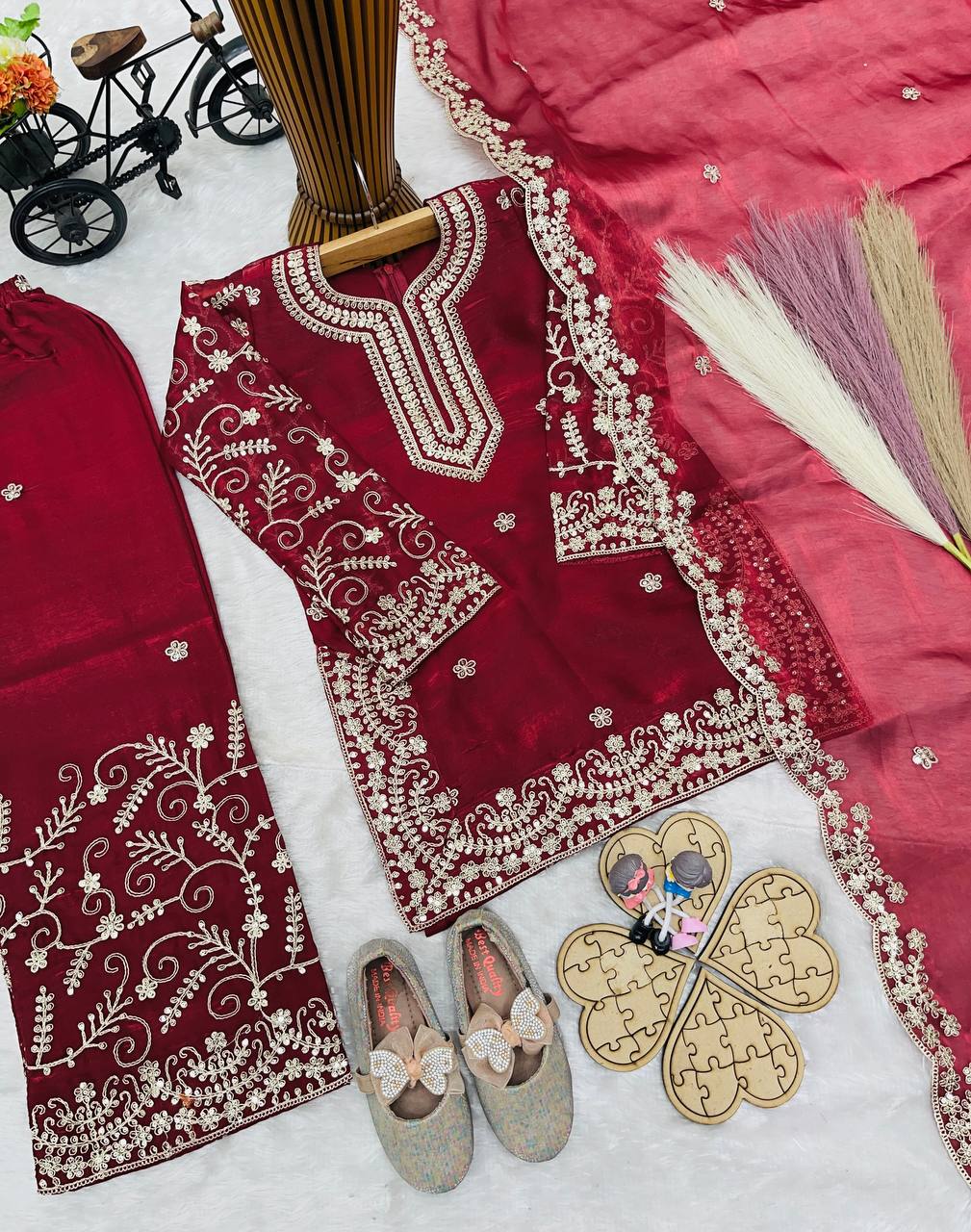 Evanik Maroon Designer Party Wear Heavy Silk Kids Top Sharara & Dupatta Set