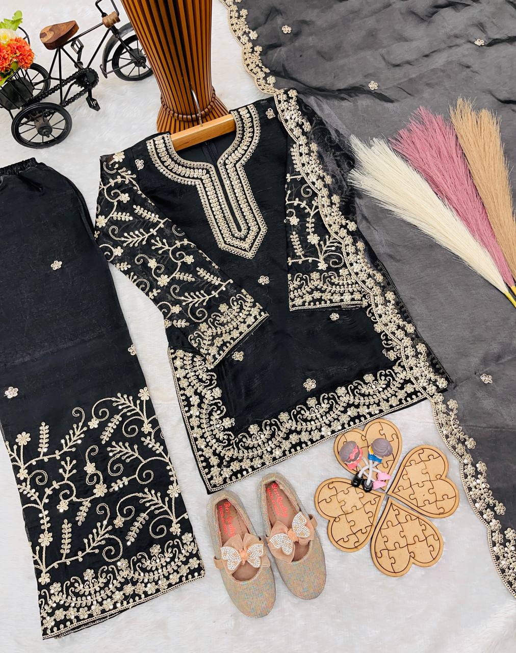 Evanik Black Designer Party Wear Heavy Silk Kids Top Sharara & Dupatta Set