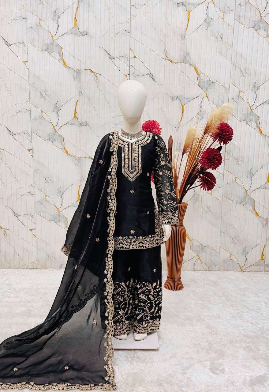 Evanik Black Designer Party Wear Heavy Silk Kids Top Sharara & Dupatta Set