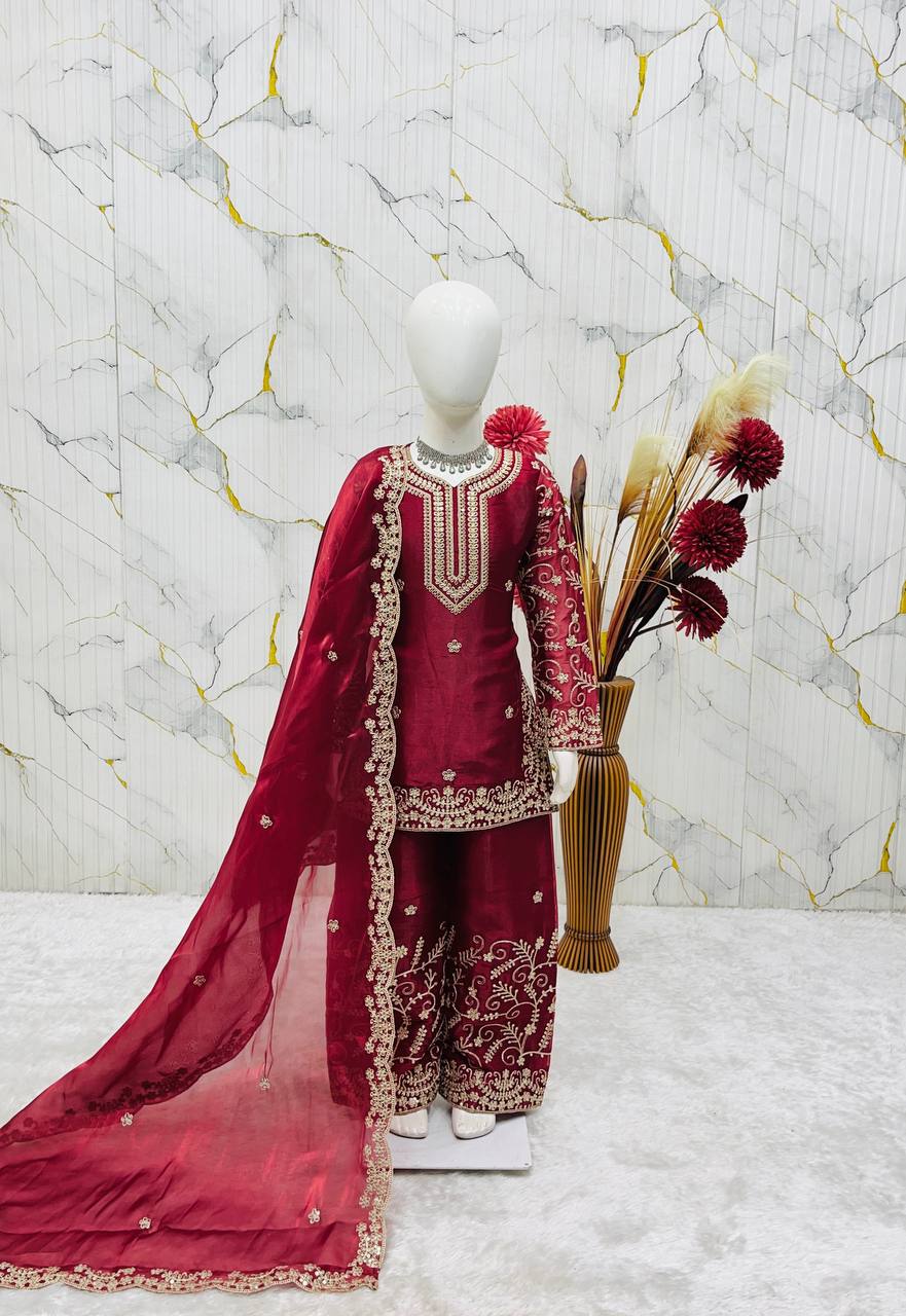 Evanik Maroon Designer Party Wear Heavy Silk Kids Top Sharara & Dupatta Set