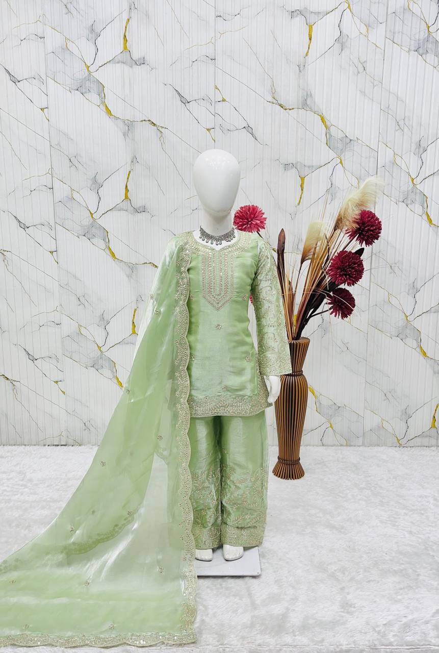 Evanik Green Designer Party Wear Heavy Silk Kids Top Sharara & Dupatta Set
