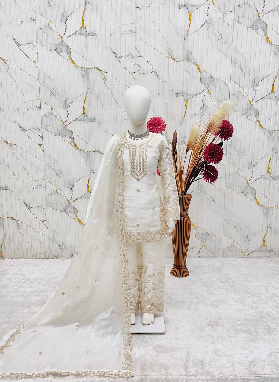 Evanik White Designer Party Wear Heavy Silk Kids Top Sharara & Dupatta Set