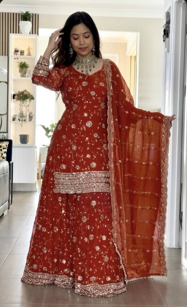 Yash Enterprise Orange Fandy Silk Party Wear Embroidery Sharara Suit Set