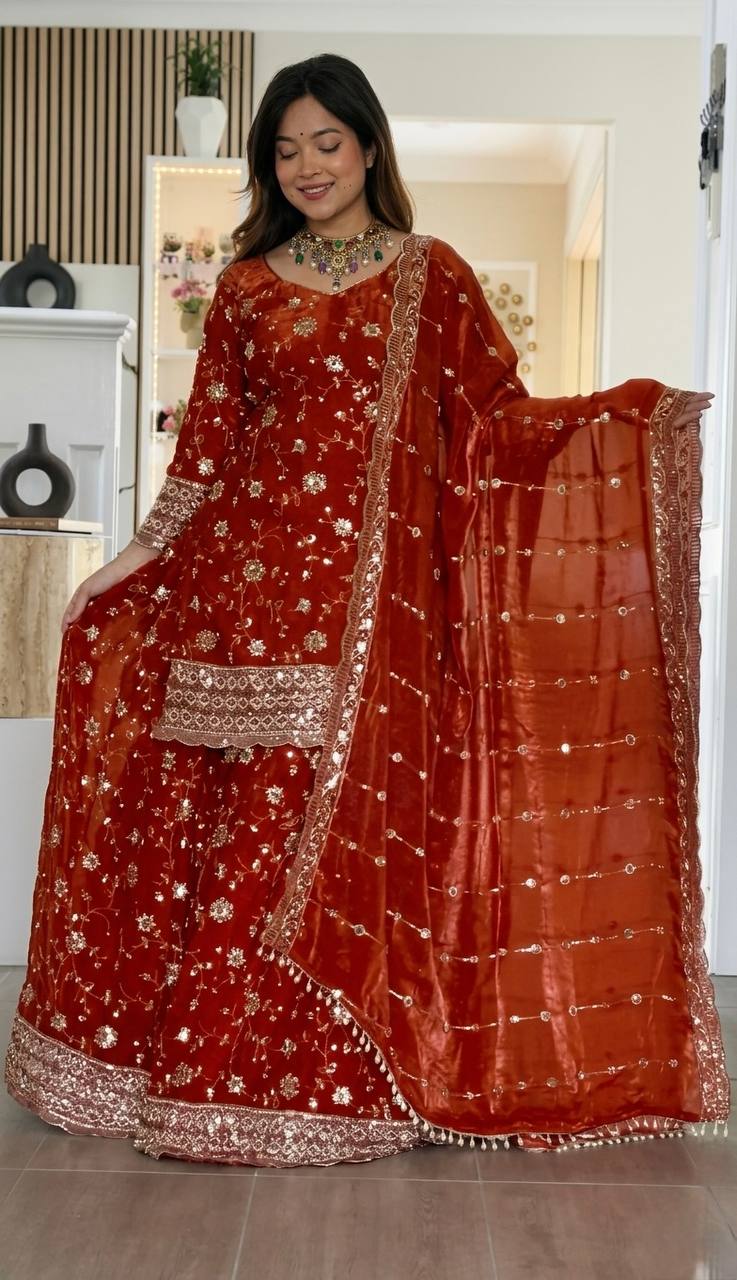 Yash Enterprise Orange Fandy Silk Party Wear Embroidery Sharara Suit Set