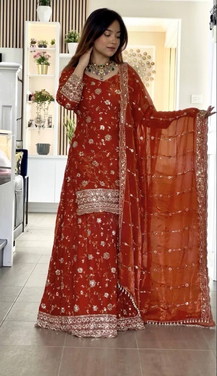 Yash Enterprise Orange Fandy Silk Party Wear Embroidery Sharara Suit Set