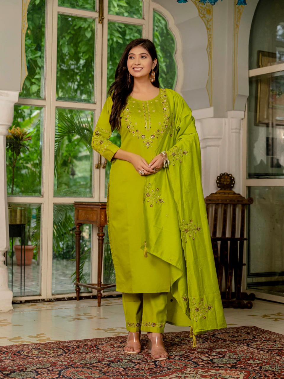 Pramukh Fab Lime Green Color Marina Silk Kurta Set