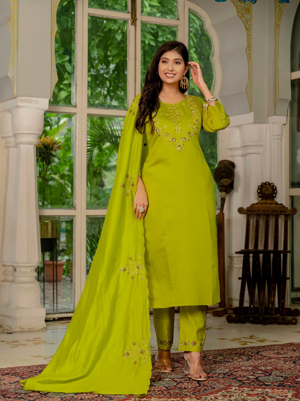Pramukh Fab Lime Green Color Marina Silk Kurta Set