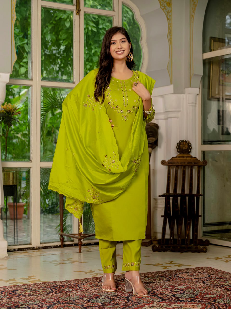 Pramukh Fab Lime Green Color Marina Silk Kurta Set