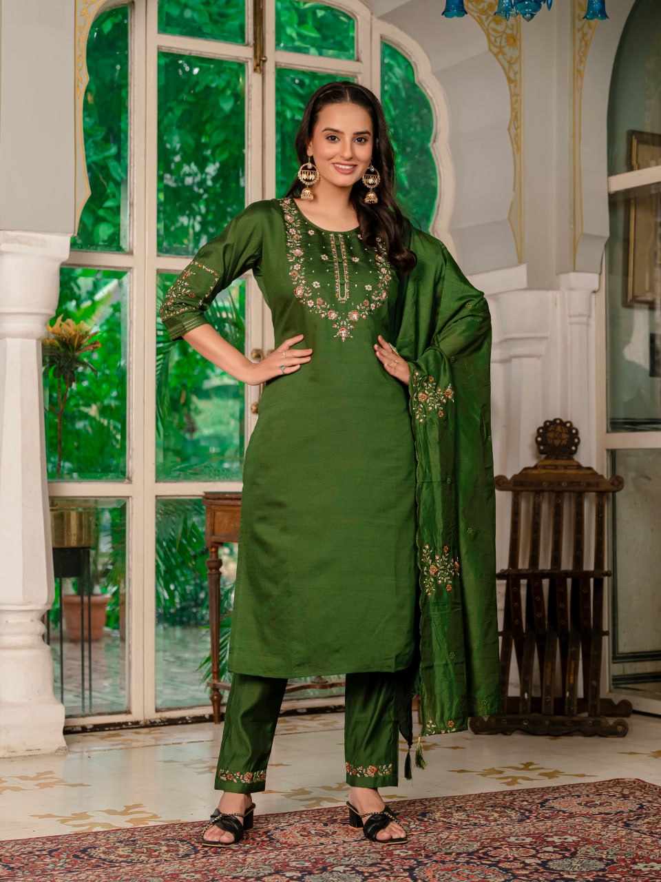 Pramukh Fab Dark Green Color Marina Silk Kurta Set