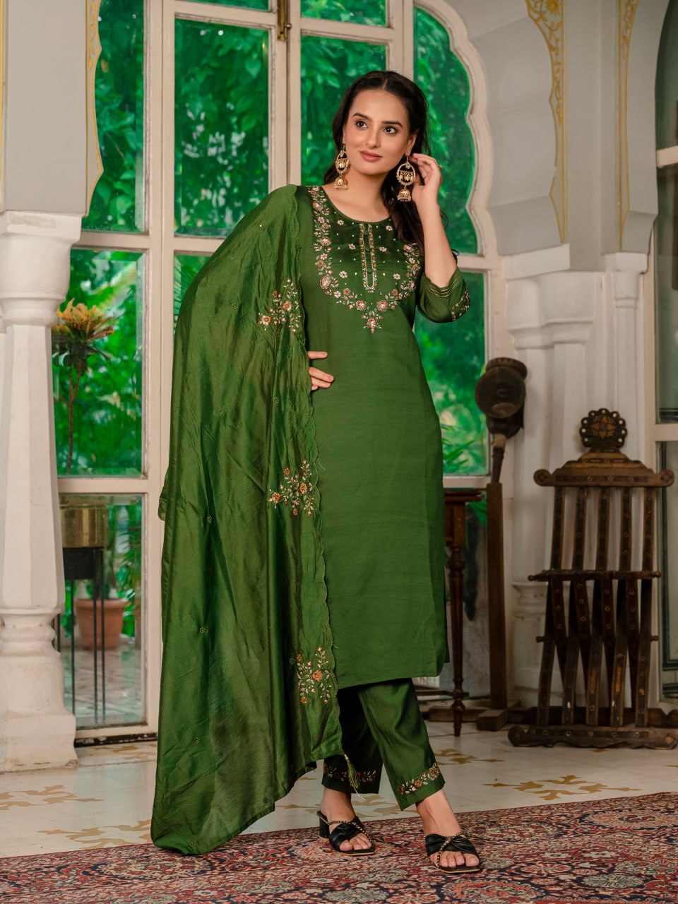 Pramukh Fab Dark Green Color Marina Silk Kurta Set