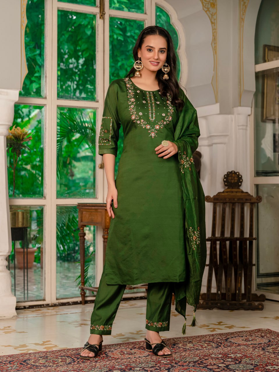 Pramukh Fab Dark Green Color Marina Silk Kurta Set