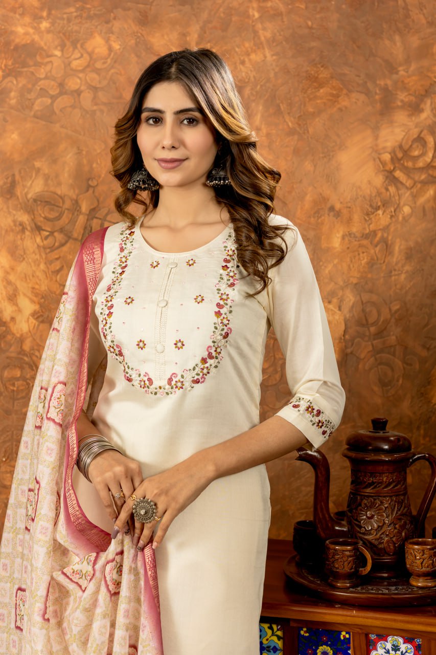 Pramukh Fab White Color Marina Silk Kurta Set