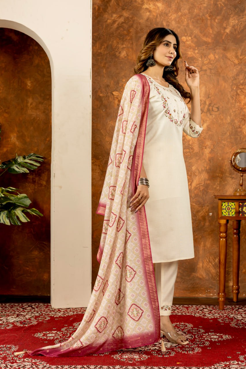 Pramukh Fab White Color Marina Silk Kurta Set