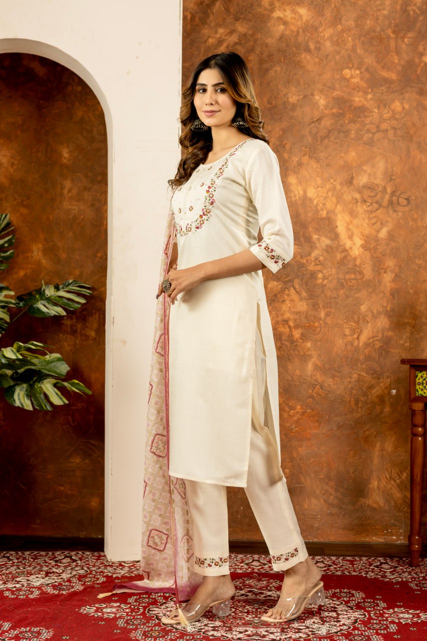 Pramukh Fab White Color Marina Silk Kurta Set