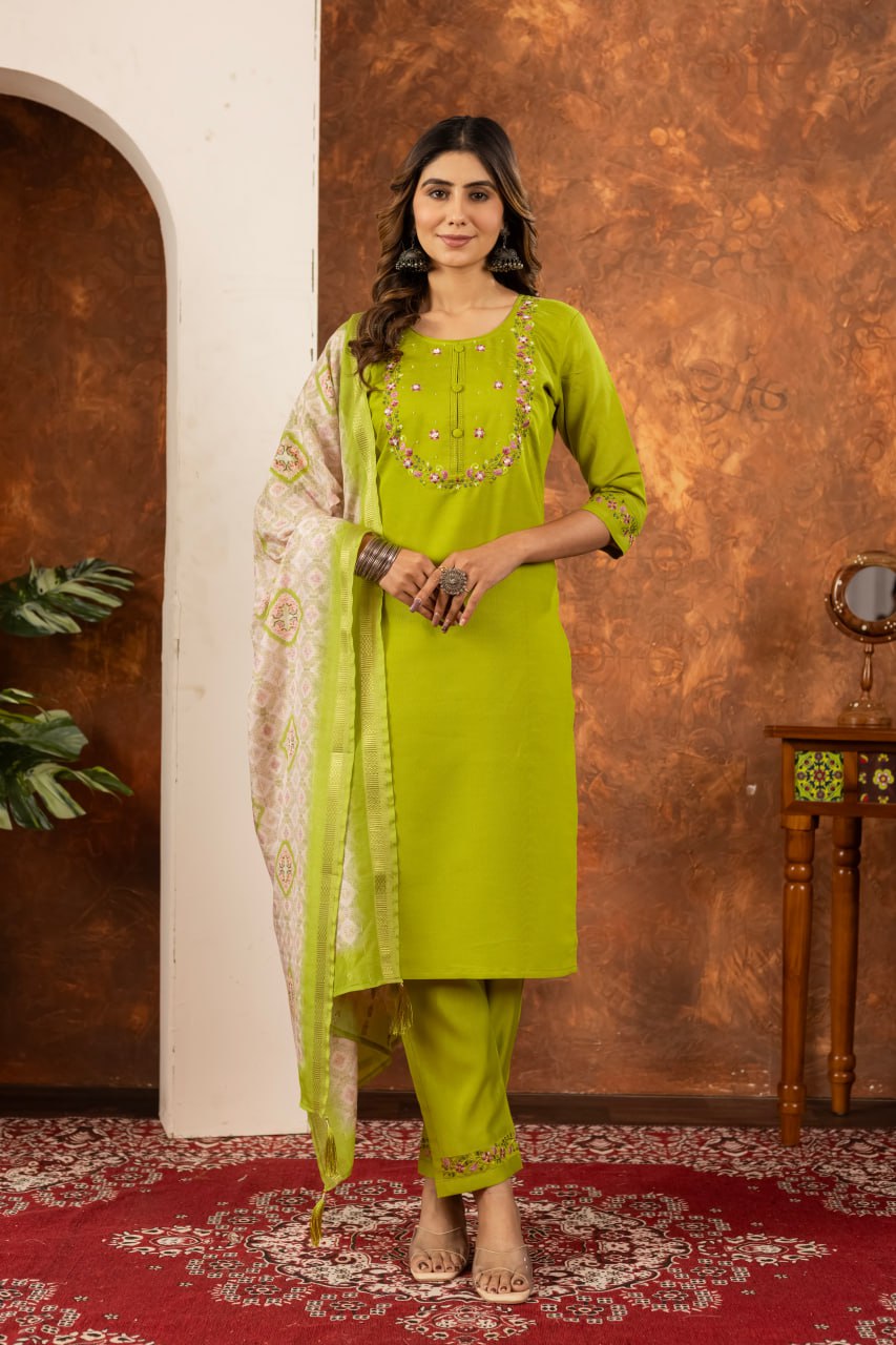 Pramukh Fab Parrot Green Color Marina Silk Kurta Set