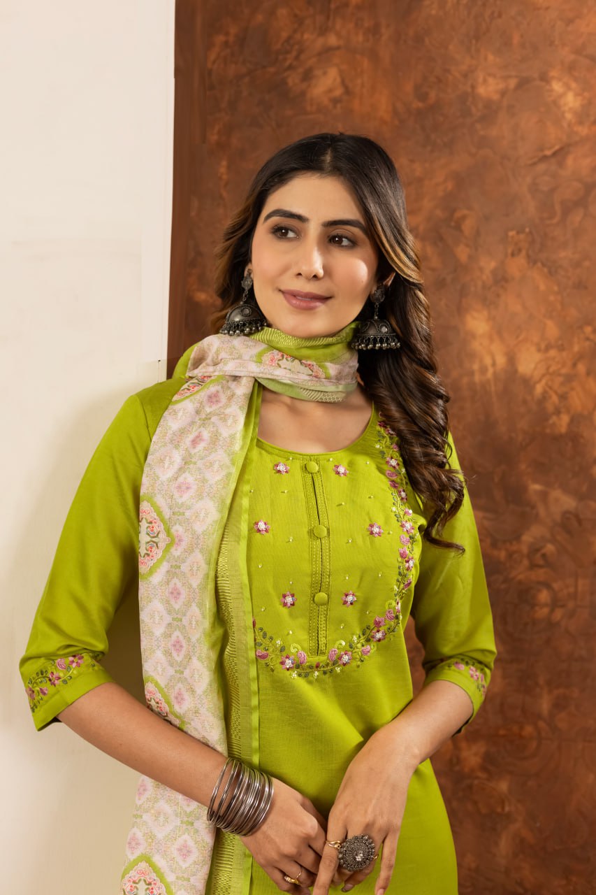Pramukh Fab Parrot Green Color Marina Silk Kurta Set