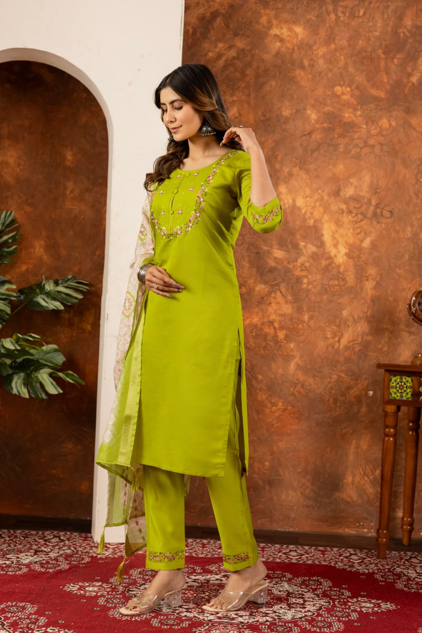 Pramukh Fab Parrot Green Color Marina Silk Kurta Set