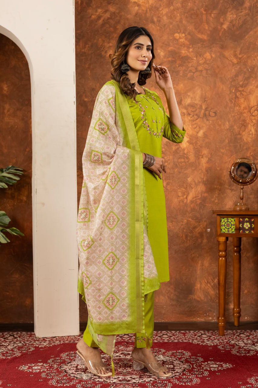 Pramukh Fab Parrot Green Color Marina Silk Kurta Set
