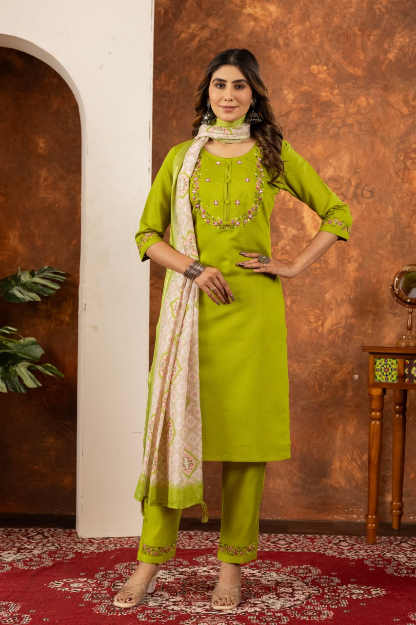 Pramukh Fab Parrot Green Color Marina Silk Kurta Set