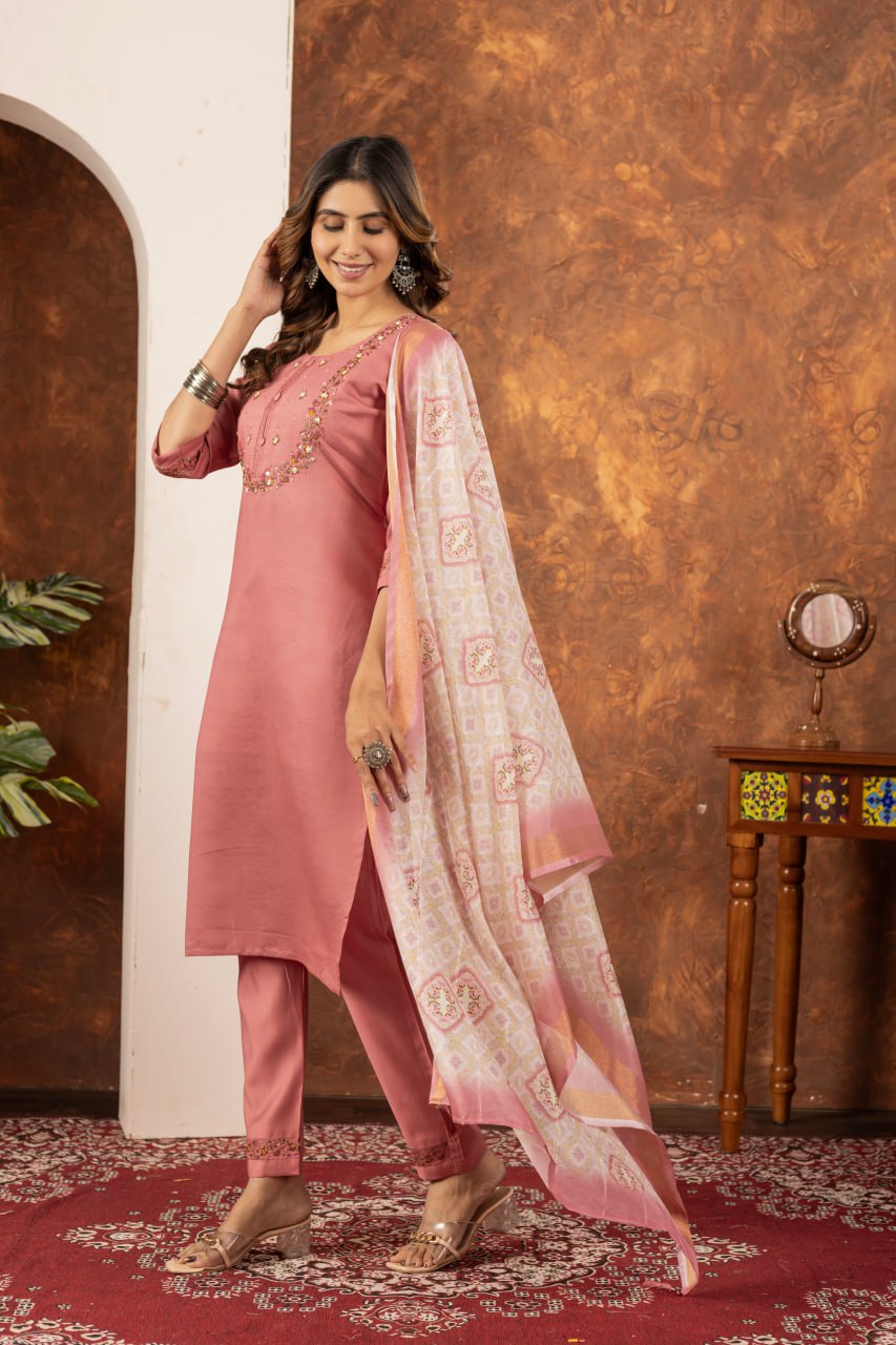 Pramukh Fab Peach Color Marina Silk Kurta Set