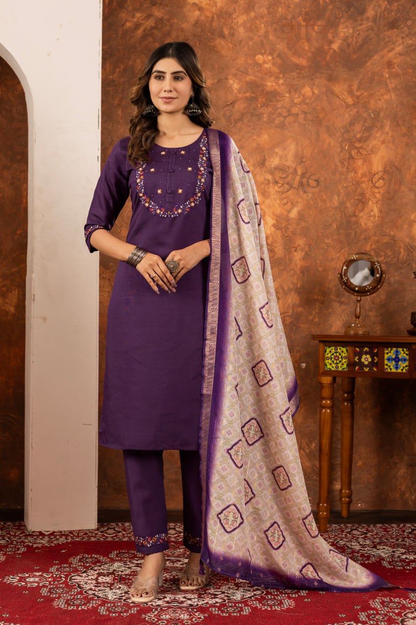 Pramukh Fab Plum Color Marina Silk Kurta Set