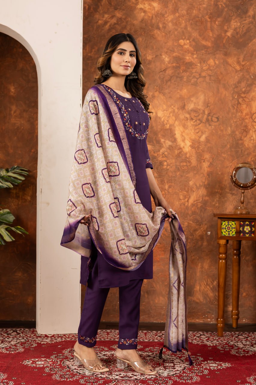 Pramukh Fab Plum Color Marina Silk Kurta Set