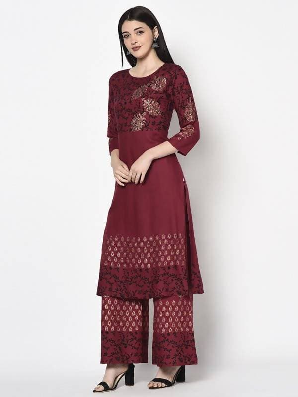 Aniyah Rayon Maroon Color Block Print Straight Kurta Palazzo Set (AN-184K)