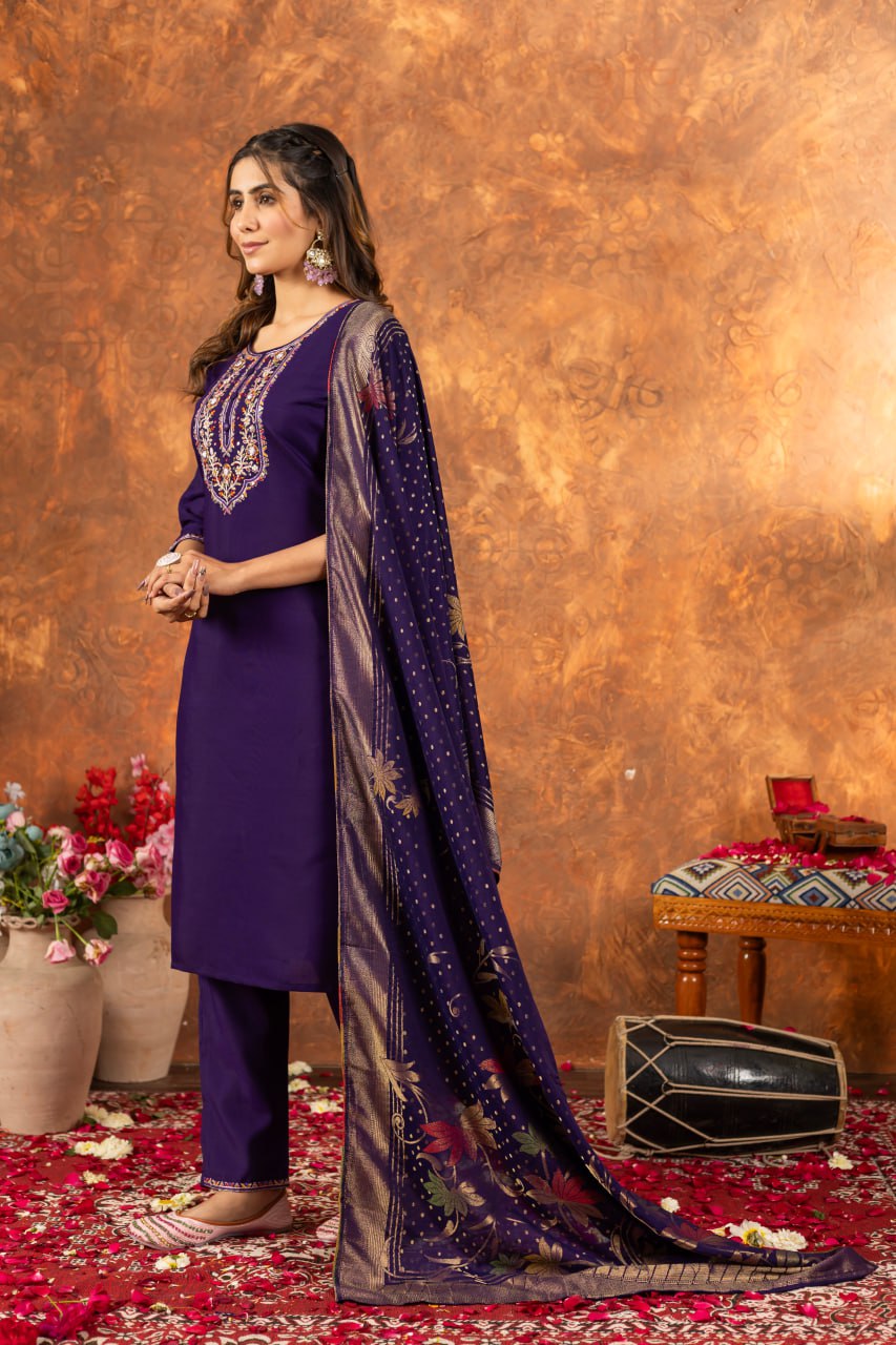Pramukh Fab Purple Color Marina Silk Kurta Set
