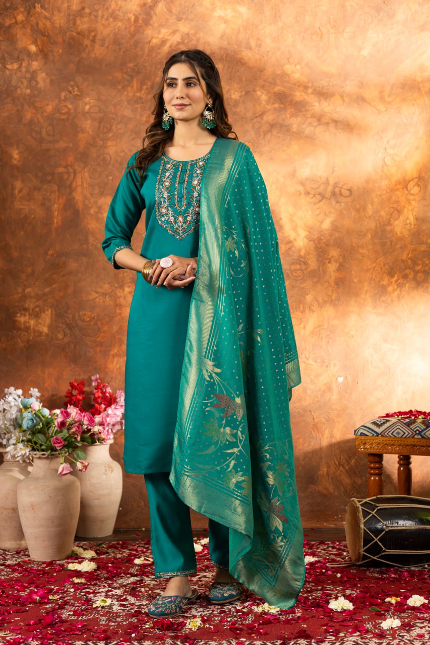 Pramukh Fab Sea Green Color Marina Silk Kurta Set