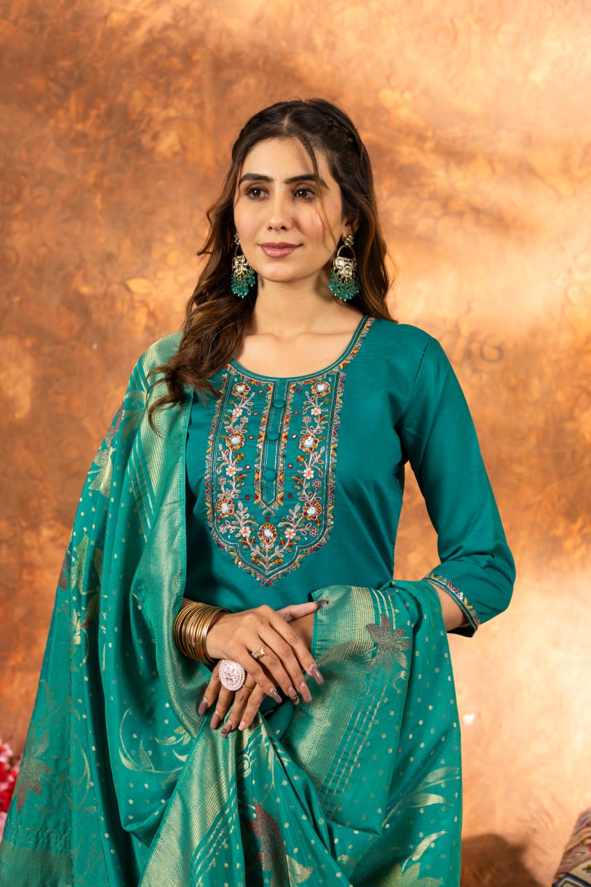 Pramukh Fab Sea Green Color Marina Silk Kurta Set