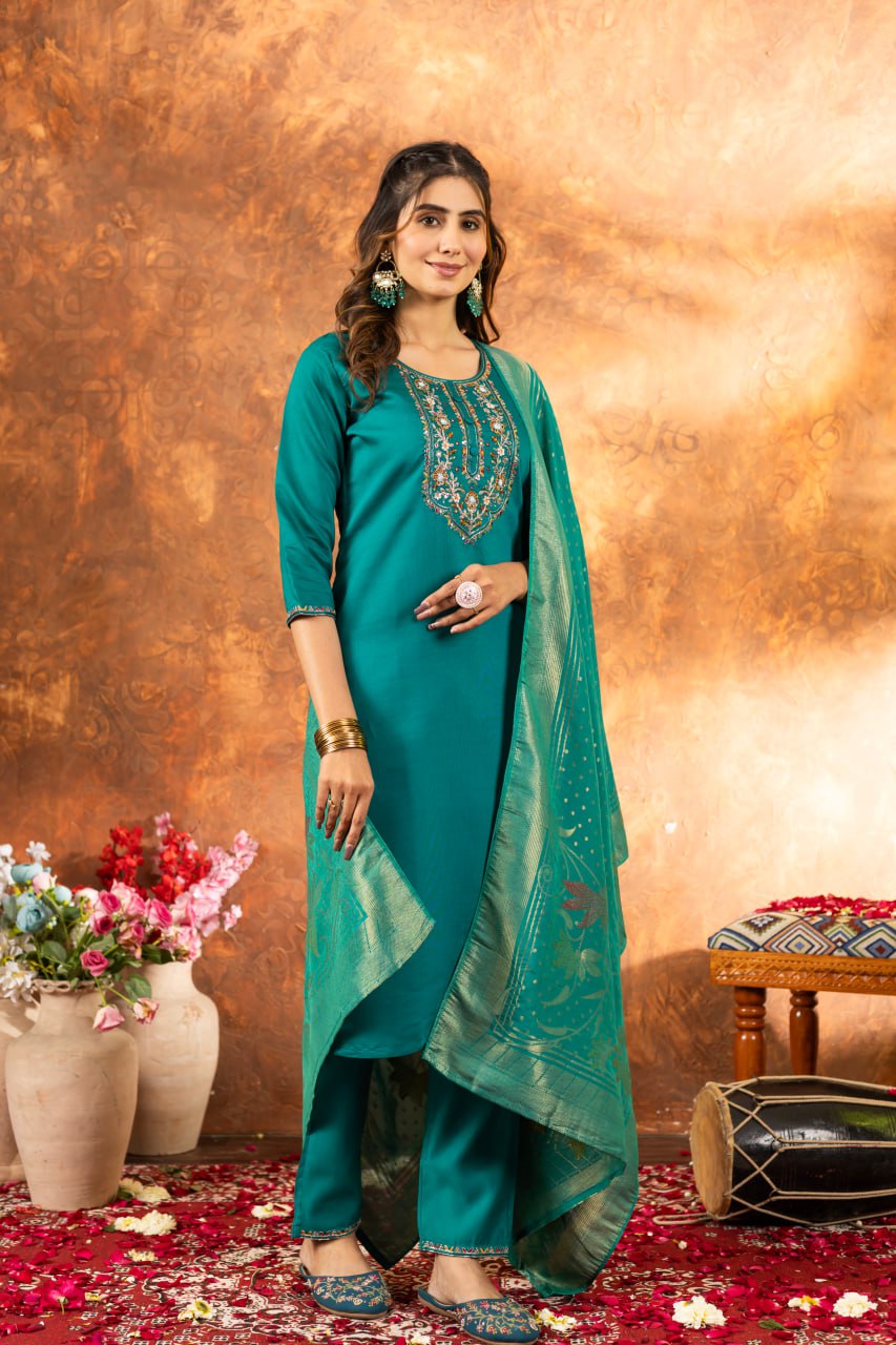 Pramukh Fab Sea Green Color Marina Silk Kurta Set