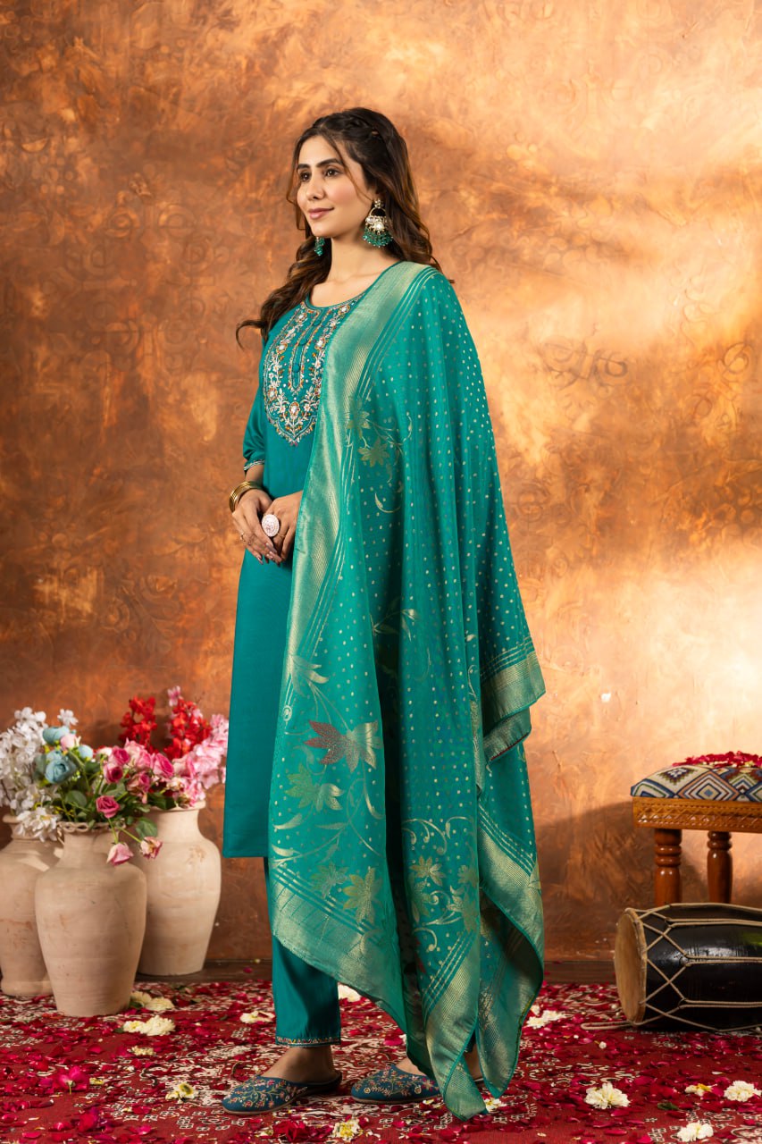 Pramukh Fab Sea Green Color Marina Silk Kurta Set