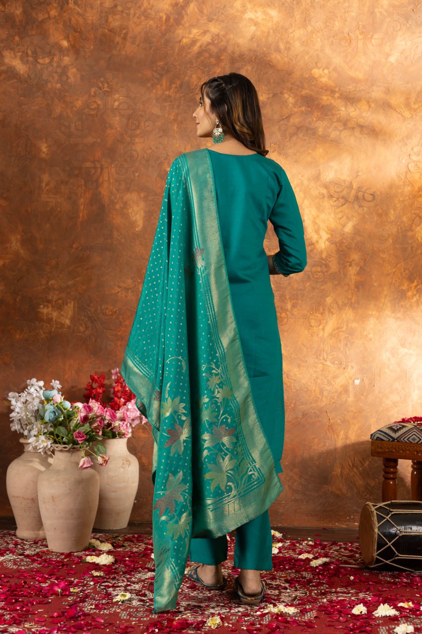 Pramukh Fab Sea Green Color Marina Silk Kurta Set