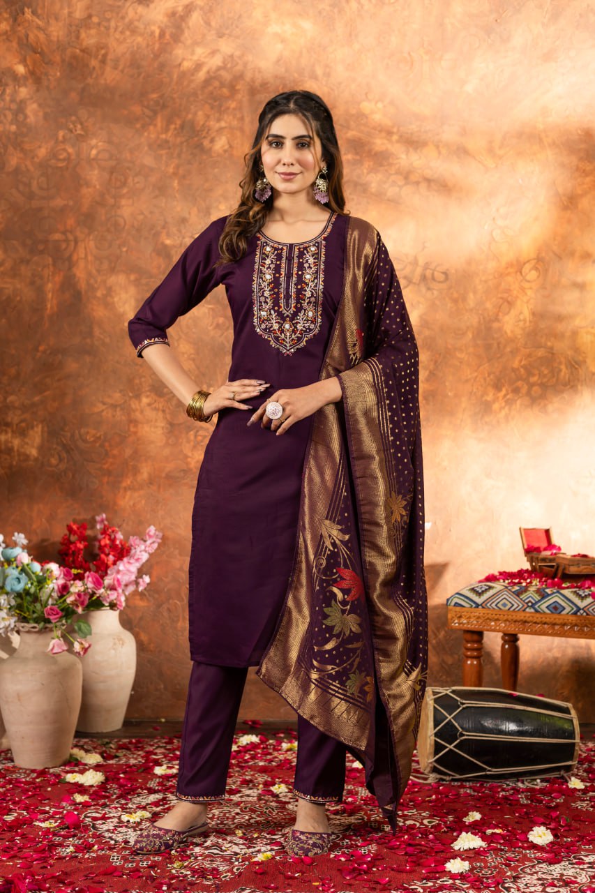 Pramukh Fab Plum Color Marina Silk Kurta Set