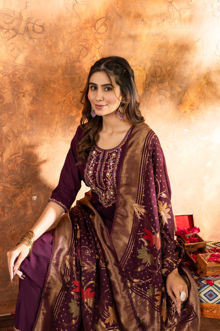 Pramukh Fab Plum Color Marina Silk Kurta Set